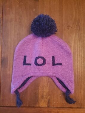 Kids Purple Pom Pom Earflap Beanie Hat - LOL Design